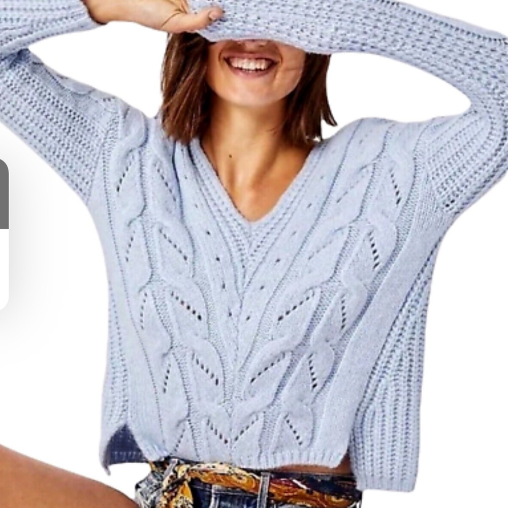 Anthropologie Ramona Cable-Knit V-Neck Sweater Sky Blue Alpaca Wool  XSmall